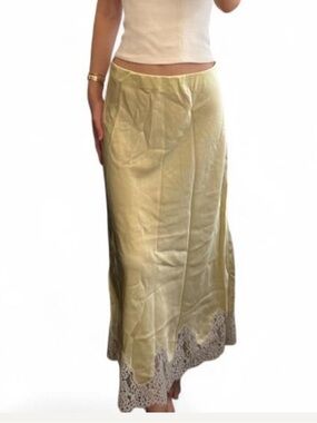 Aritzia Pale Yellow Satin Midi Skirt with White Lace Hem